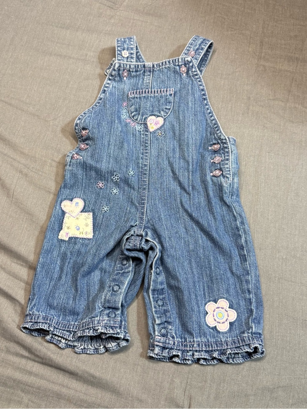 Denim Embroidered Heart & Flower Overalls for Kids - Blue